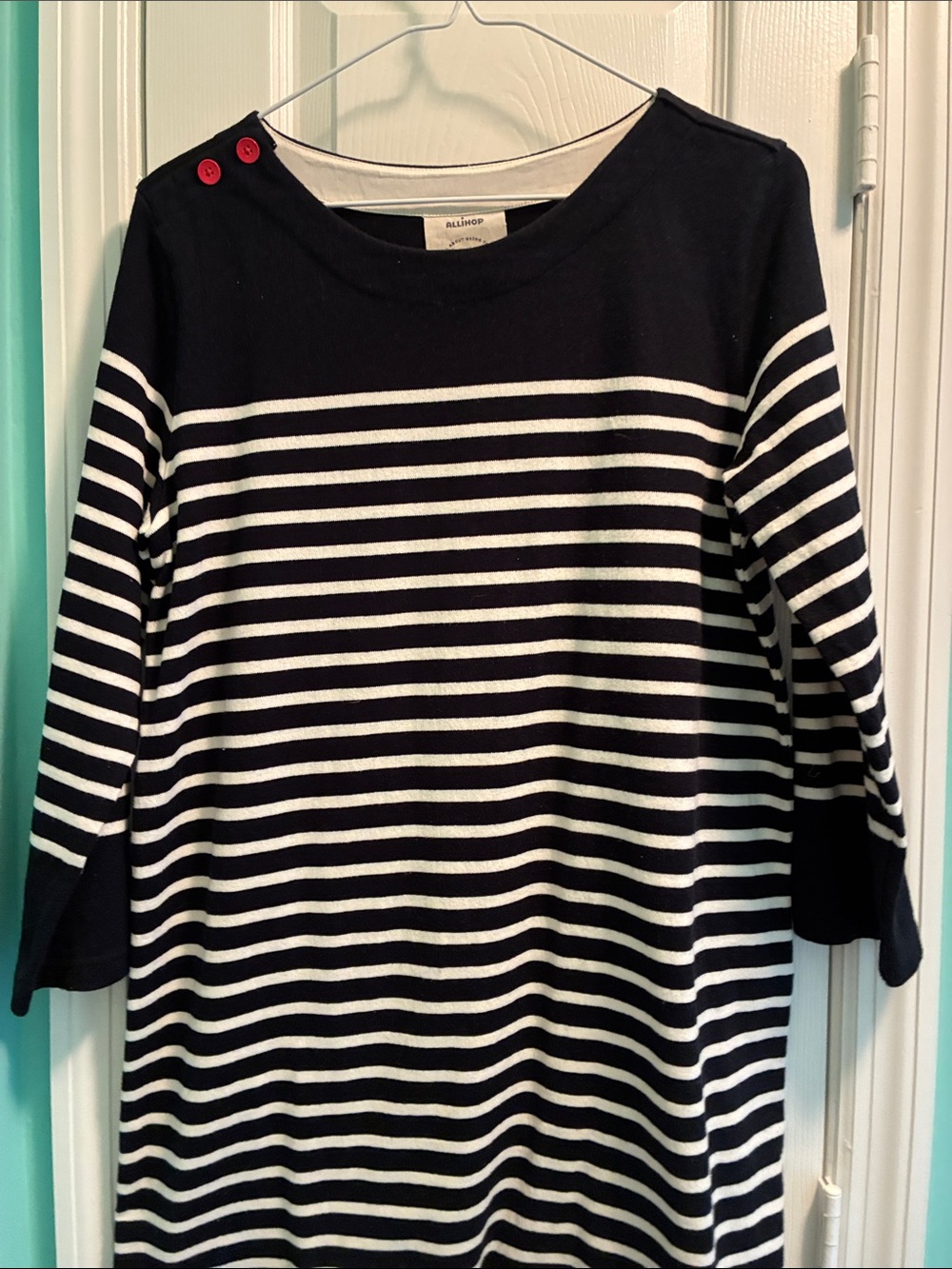 Striped Black & White Boatneck Dress with Button Detail